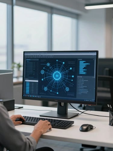 A clean modern IT workspace in Noida, cool office daylight with subtle blue accents, an engineer analyzing network architecture on a vertical monitor, sharp focus, 50mm