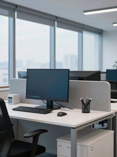 Professional corporate photography of a clean modern tech workspace in Noida, cool office daylight with subtle blue accents, sharp focus, 50mm
