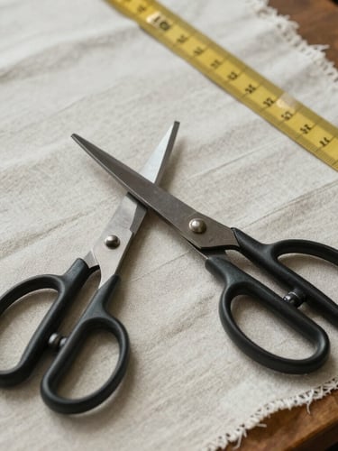 A close-up overhead shot of a pattern-making table with heavy linen fabric, fabric shears, and a brass measuring tape under soft diffused daylight.