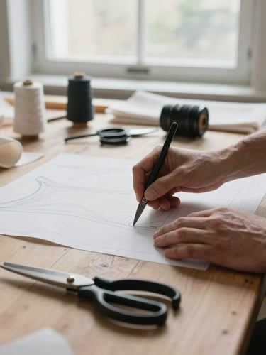 A close-up of hands drafting a garment pattern on a wooden work table in the Annandale studio, natural overcast light from a nearby window, shears and raw linen fabric visible.