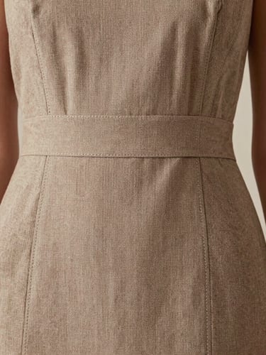 A close-up of a contemporary structured linen dress in warm taupe, worn by a model in soft architectural light, showing the clean tailoring and stitch-level integrity