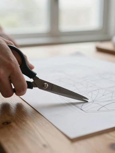 Close-up of hands drafting a pattern with heavy shears on a warm wooden table, soft overcast daylight from a nearby window, focus on the fabric texture