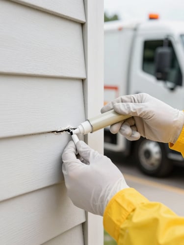 Close-up of a professional pest control technician's gloved hands applying sealant to a small crack in a home's exterior foundation, with a modern service truck visible subtly in the background. Bright, high-visibility utility lighting.