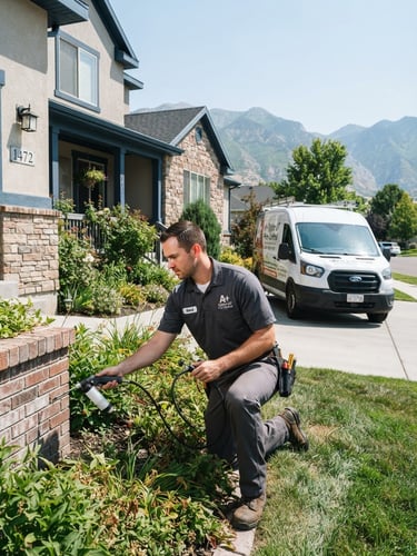 Professional pest control technician in uniform, clearly labeled A+ Ogden UT Pest Control truck visible in background, parked in front of a residential home in Ogden, Utah, bright natural daylight, crisp utility photography, 35mm lens, subject slightly off-center to the left, wide.