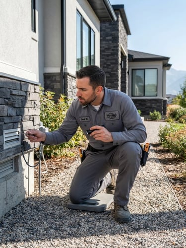Professional pest control technician in a clean uniform, inspecting the exterior foundation of a modern residential home in Ogden, Utah, under bright natural daylight. Focus on the technician's focused expression and the home's structure.