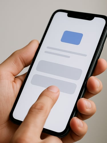 Close-up over-the-shoulder shot of a hand holding an Android phone, app interface clearly visible on screen mid-task, bright even studio daylight, tight crop on the device and fingers, neutral background, no glare on screen