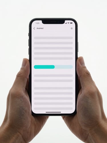 Close-up portrait of an Android phone held flat in two hands, screen showing a horizontal timeline interface with minimal bars and a single cyan accent on the active segment, bright studio daylight, clean white background, tight crop on device and hands only