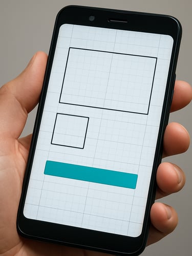 Close-up of an Android phone screen held in one hand, displaying a precise interface grid with tight typographic controls and an electric cyan accent element visible in the UI chrome, bright even studio lighting, screen fully legible, tight crop on the device face