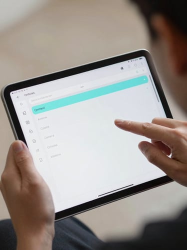 Over-the-shoulder view of a hand navigating an Android tablet app interface, showing a structured layout with minimal chrome and a single cyan accent highlight, work-in-progress state visible on screen, bright controlled daylight, tight crop excluding the person's face