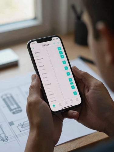 Over-the-shoulder shot of a hand holding an Android phone in portrait orientation, the screen displaying a structured measurement app interface with cyan accent markers, bright even daylight from a window to the left, device angled slightly toward camera, desk surface with a technical sketch visible in background