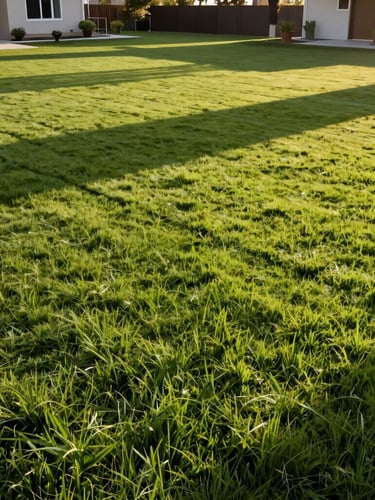 Eye-level shot of a clean, flat residential land plot ready for construction, vibrant green grass, soft afternoon sunlight casting long gentle shadows, professional architectural framing.