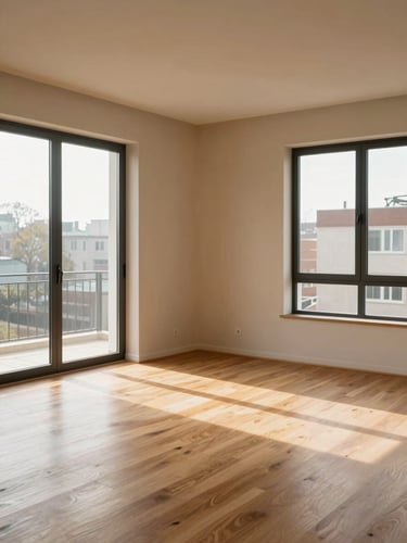 A clean, modern apartment interior with natural light streaming through large windows, showcasing soft wooden floors and warm sand-toned walls, realistic architectural scale.