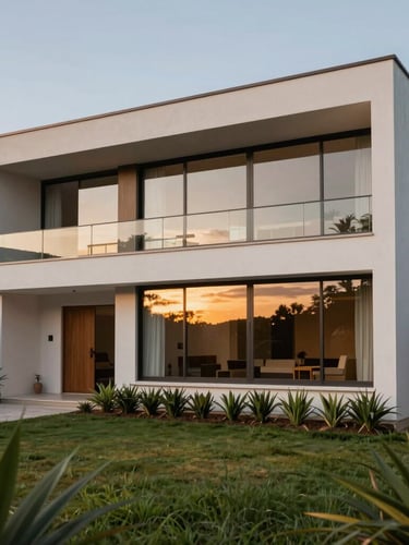 Fachada de casa contemporânea de médio padrão com linhas limpas, grandes janelas de vidro refletindo o entardecer e jardim frontal minimalista