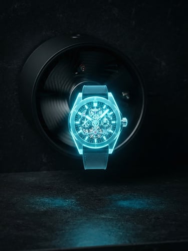 Macro architectural studio shot of a sleek matte-black holographic fan device spinning rapidly, projecting a highly detailed, luminous 3D luxury watch floating in mid-air, casting realistic cyan light reflections on a dark obsidian background, 35mm