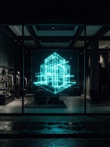 Wide architectural shot of a luxury retail showroom with a large 3D holographic glass LED film display seamlessly integrated into a window, low-key ambient lighting, high-contrast neon cyan projection, straight-on angle, deep obsidian tones.