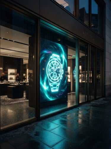 Wide shot of a luxury retail storefront at dusk, showcasing a large glass LED film display actively projecting a vibrant 3D holographic product advertisement, casting neon cyan light onto the polished floor. The film is integrated seamlessly into the modern glass facade, with minimal visible hardware. Low-key ambient lighting, high-contrast luminous projections, deep obsidian and cyan tones, 35mm.