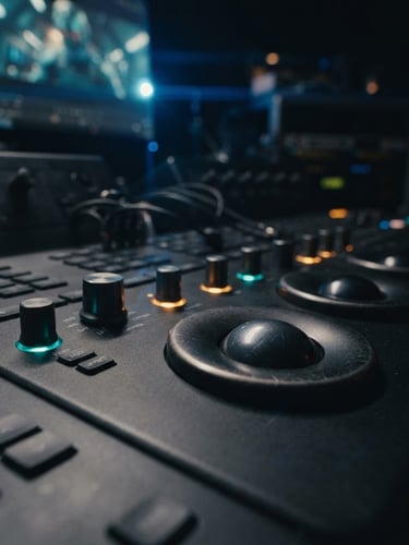 Cinematic macro close-up of a high-end VFX grading console, glowing teal and amber dials, shallow depth of field, anamorphic lens flare, dark post-production suite background.