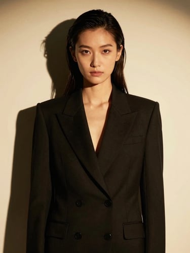 High-contrast portrait of a model in a structured black blazer, warm golden studio lighting, dramatic shadow, vertical 3:4 portrait crop.