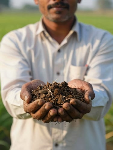A close-up shot of a Bihari farmer in a lush green field in Siwan, holding rich organic soil in his hands, warm daylight, authentic local agriculture, 35mm lens