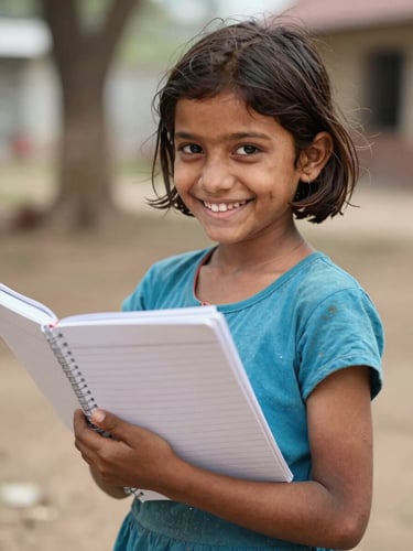 A young girl in Siwan, Bihar, smiling warmly with a notebook in her hands, soft natural outdoor daylight, rich organic tones with soft blue accents, 35mm lens