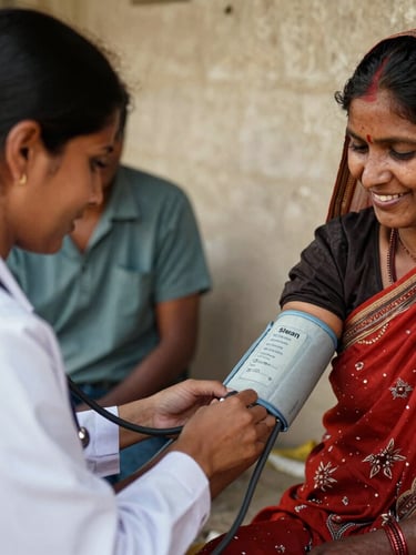 Close-up shot of a female doctor taking the blood pressure of a rural woman in Siwan, warm natural lighting, smiling faces, authentic community healthcare setting