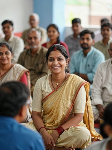 A warm editorial photo of a community gathering in Siwan, Bihar, with smiling local residents participating in an empowerment workshop, natural daylight, soft blue accents.