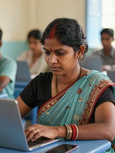 A focused portrait of a rural Indian woman in Bihar learning digital tools in a brightly lit classroom, warm natural daylight, soft blue accents, 35mm lens
