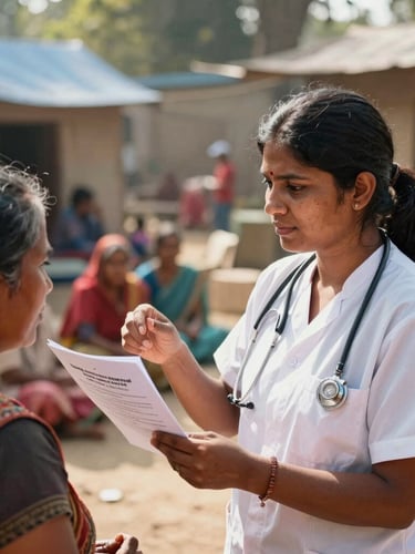A close-up editorial photograph of a female healthcare worker in Bihar explaining patient safety guidelines to rural women in a sunlit outdoor community camp.