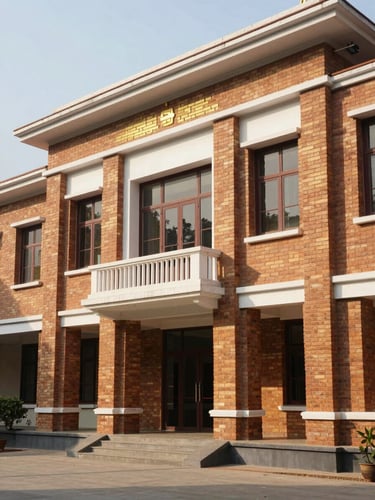 Dignified brick facade of an elite academic library in Dehradun, bright morning sunlight, clean architectural lines, 50mm lens