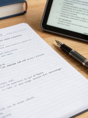 A close-up of handwritten civil services study notes on a wooden desk, a fountain pen resting beside a digital tablet displaying constitution articles, sharp focus.