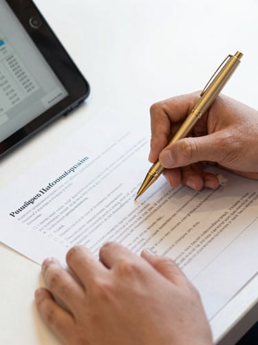 Close-up of a student's hands annotating a printed government report with a gold pen, a digital tablet displaying analytical charts nearby, bright natural library light