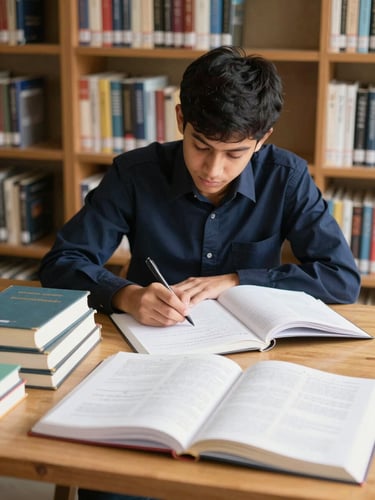 A focused civil services aspirant studying in a quiet, sunlit library, surrounded by structured reference books and handwritten notes, 50mm lens.