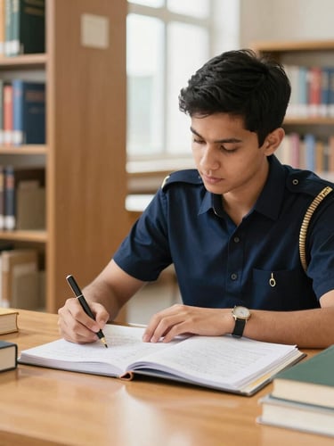 A focused civil services aspirant studying in a bright, natural library setting with handwritten notes and reference books, deep navy and warm gold tones, sharp focus, 50mm lens