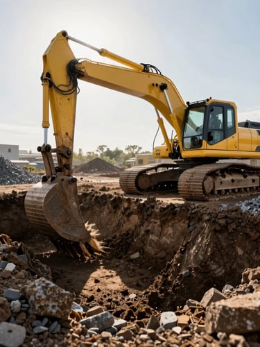 Low-angle shot of a heavy yellow excavator digging deep foundation trenches in dark rocky soil, gravel piles, sharp morning shadows, bright sunlight.