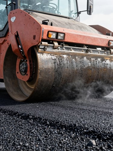 Low-angle shot of a heavy road roller compacting fresh, steaming black asphalt under bright morning light, highlighting the rich gravel textures.