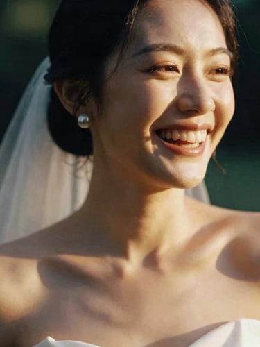 A close-up portrait of a bride laughing candidly, motion blur, warm golden hour light, soft focus, authentic emotion, 35mm film aesthetic