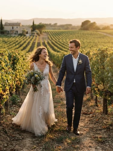 Cinematic warm golden-hour wedding portrait of a couple walking through a French vineyard, unposed, motion blur, 35mm film grain, rich shadows, editorial style