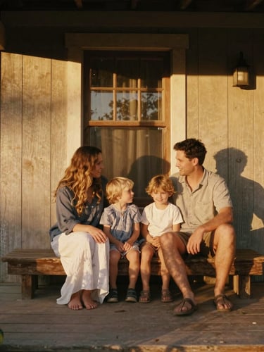 Warm lifestyle photography of a family sitting on a rustic wooden porch during California golden hour, soft focus, 35mm film aesthetic