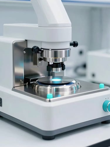 Sleek clinical laboratory setting with high-key lighting, a precise stainless steel testing apparatus on a white surface, sharp turquoise indicator lights reflecting on clean metallic elements, macro depth of field.