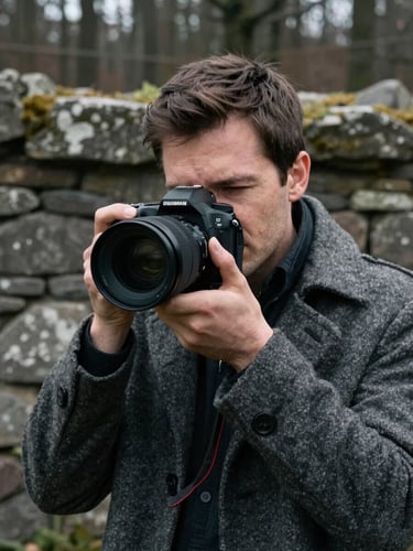 Close-up portrait of a thoughtful photographer in a heavy wool coat, overcast daylight, weathered stone wall in the background, desaturated forest tones.