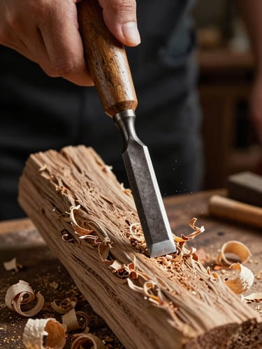 Extreme close-up of hands carving weathered oak with a traditional Japanese chisel, wood shavings curling, dramatic side lighting, dark workshop background.