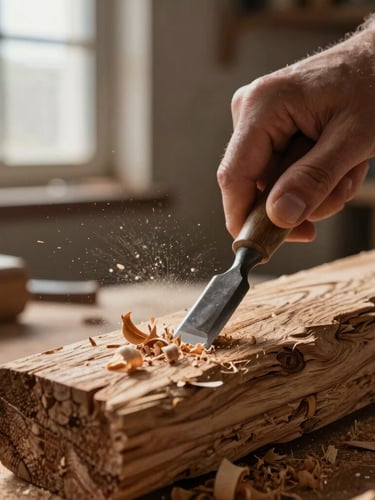 Extreme close-up of hands carving weathered oak wood with a traditional chisel, fine wood shavings flying, harsh side lighting from a workshop window.