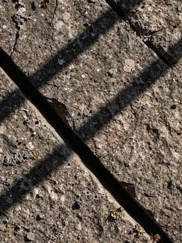 Extreme close-up of a weathered stone wall texture, deep cracks and lichen, harsh midday shadows casting sharp geometric lines.