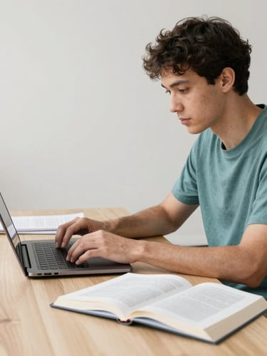 Pesquisador trabalhando em laptop moderno com livros abertos, luz natural, foco em mãos digitando e páginas de livro, ambiente minimalista de estudo, com tons neutros e detalhes em teal.