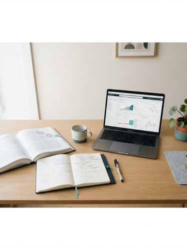 Clean desk setup with an open academic book, a modern laptop displaying a research tool, and a notebook with handwritten notes, under bright natural daylight, soft shadows, neutral tones with teal accents, 35mm, wide panoramic view from above, off-center laptop