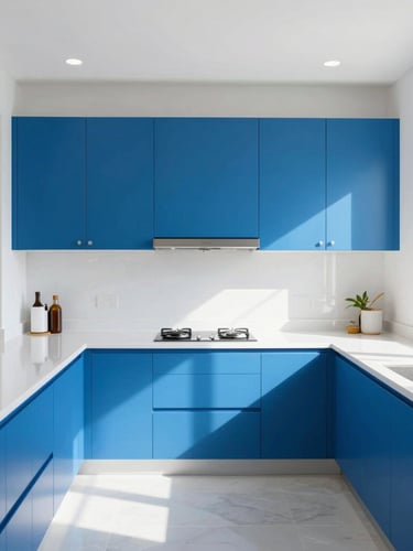 Straight-on architectural photograph of a modern sun-drenched kitchen with electric blue cabinets and clean white countertops, high-key Florida sunlight, 35mm