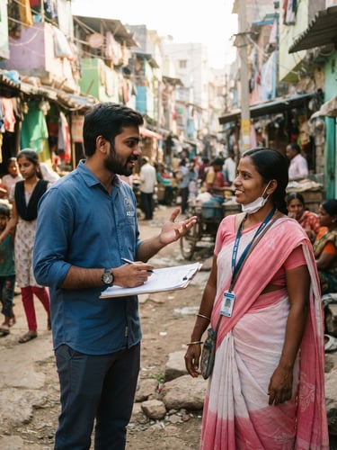 A candid eye-level medium shot of a young Indian male NGO coordinator with a clipboard talking to a community health worker in a sunlit Hyderabad slum lane, bright natural daylight, 35mm lens.