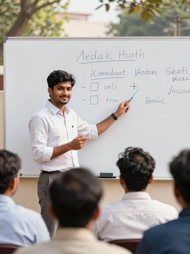 A candid medium shot of a young professional presenting data on a whiteboard during an outdoor community health planning session in Medak, warm authentic tones, bright natural Indian daylight.