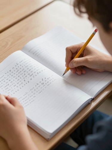 Close-up overhead of a young student's hands tracing letters in a workbook on a classroom desk, pencil held carefully, natural window light falling across the page