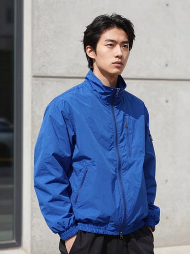 Dynamic street-style portrait of a model in a vibrant cobalt blue jacket against a clean concrete wall, bright natural daylight, high contrast, 35mm lens
